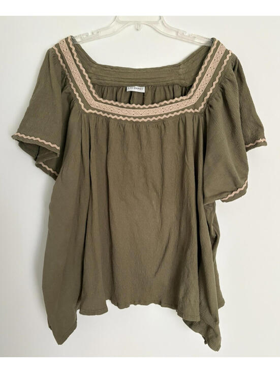 Catherines Tops - Catherines Size 3X Textured Square Neck Batwing Sleeve Top Green Cotton Blend